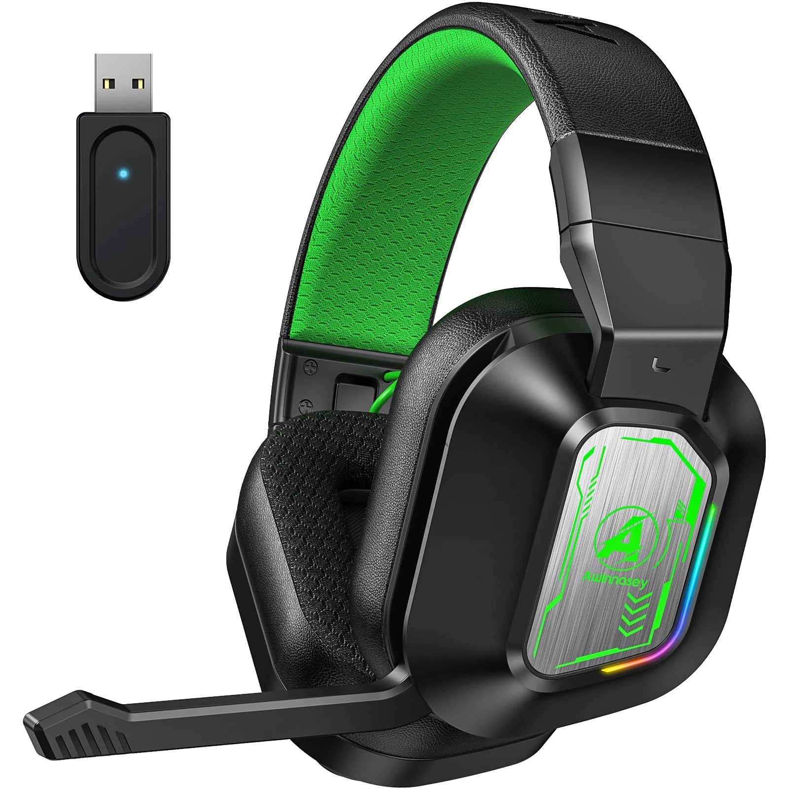 Awinnasey PH4 Wireless Gaming Headset with Microphone, Game/Music Mode, 2.4GHz Bluetooth Gaming Headphones for PS5, PS4, PC, Switch, Low Latency Lossless Sound Foldable Noise Cancelling Black Green