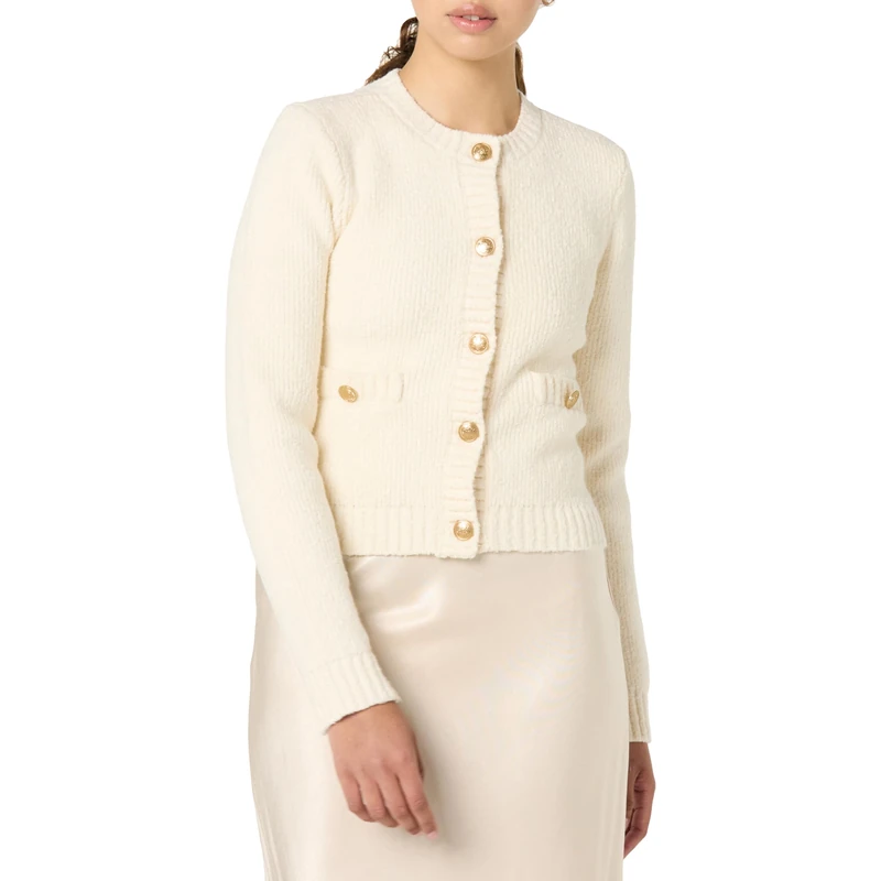 The Drop Janice Gold Button Fitted Sweater Cardigan, Whisper White, XL