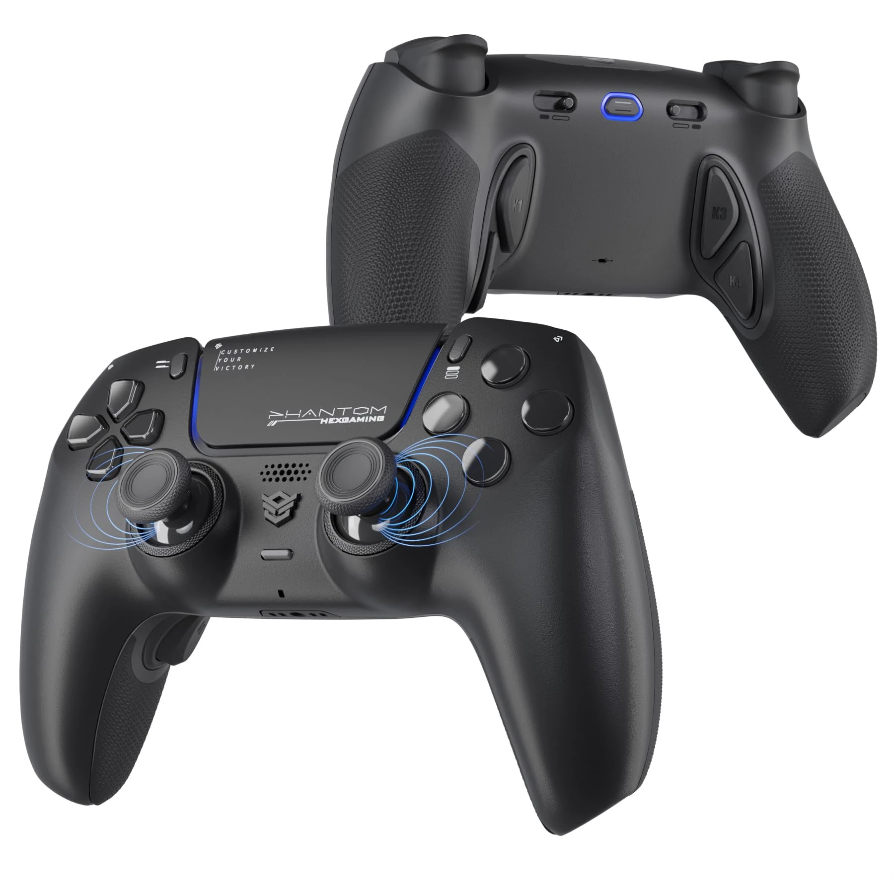 HEXGAMING PHANTOM Pro Controller with 4 Remappable Buttons, 6 Remapping Profiles, 8 Interchangeable Analog Stick, and Adjustable Triggers Compatible with ps5, PC, Mobile - Hall Effect Chaos Black
