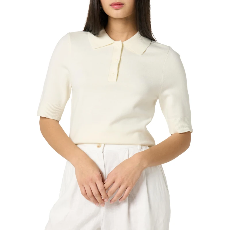 The Drop Women’s Gero Short Sleeve Splitneck Polo Sweater Tee, Ivory, XS