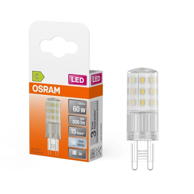 Osram G9 Retrofit 4.9 W/806 Lumen 4000 K Cool White Light, Non-Dimmable, IP20, Lead-Free Glass, Diameter 18 mm