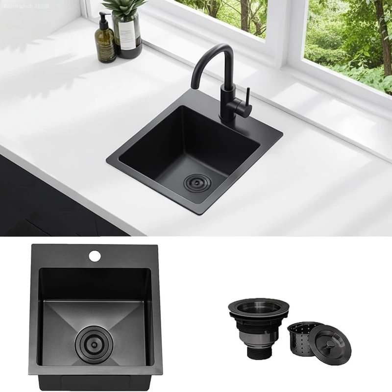 KINGO Home Black Bar Sink Drop in,13 x 15 Inch Topmount RV 16 Gauge Gunmetal Black Stainless Steel Single Bowl Small Kitchen Sinks,Outdoor Handmade Stainless Steel Wet Bar Perp Sink with Drain