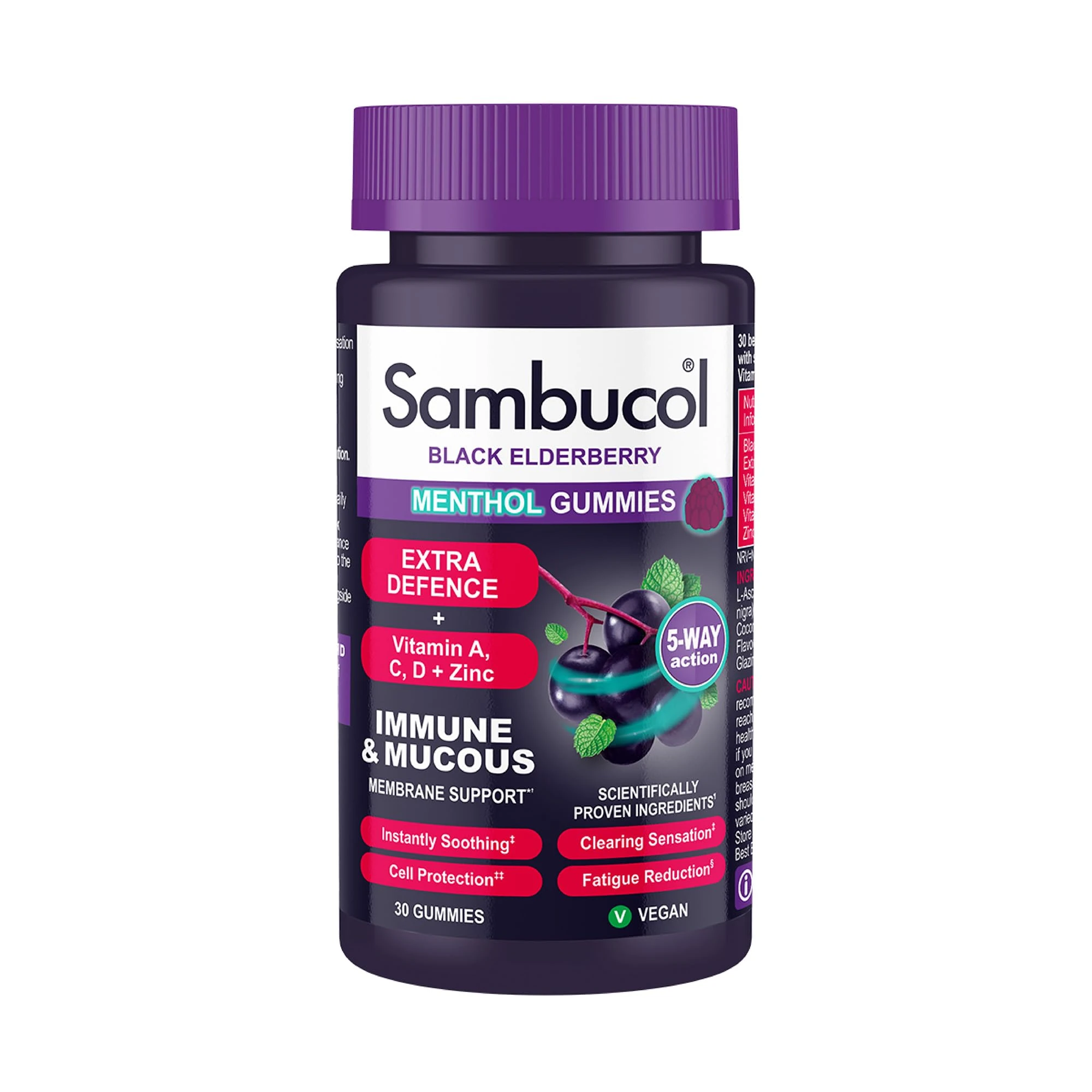 Sambucol Natural Black Elderberry Extra Defence Menthol Gummies |Vitamin A | Vitamin C | Vitamin D | Zinc |Advanced Immune Support Supplement| 30 Gummies