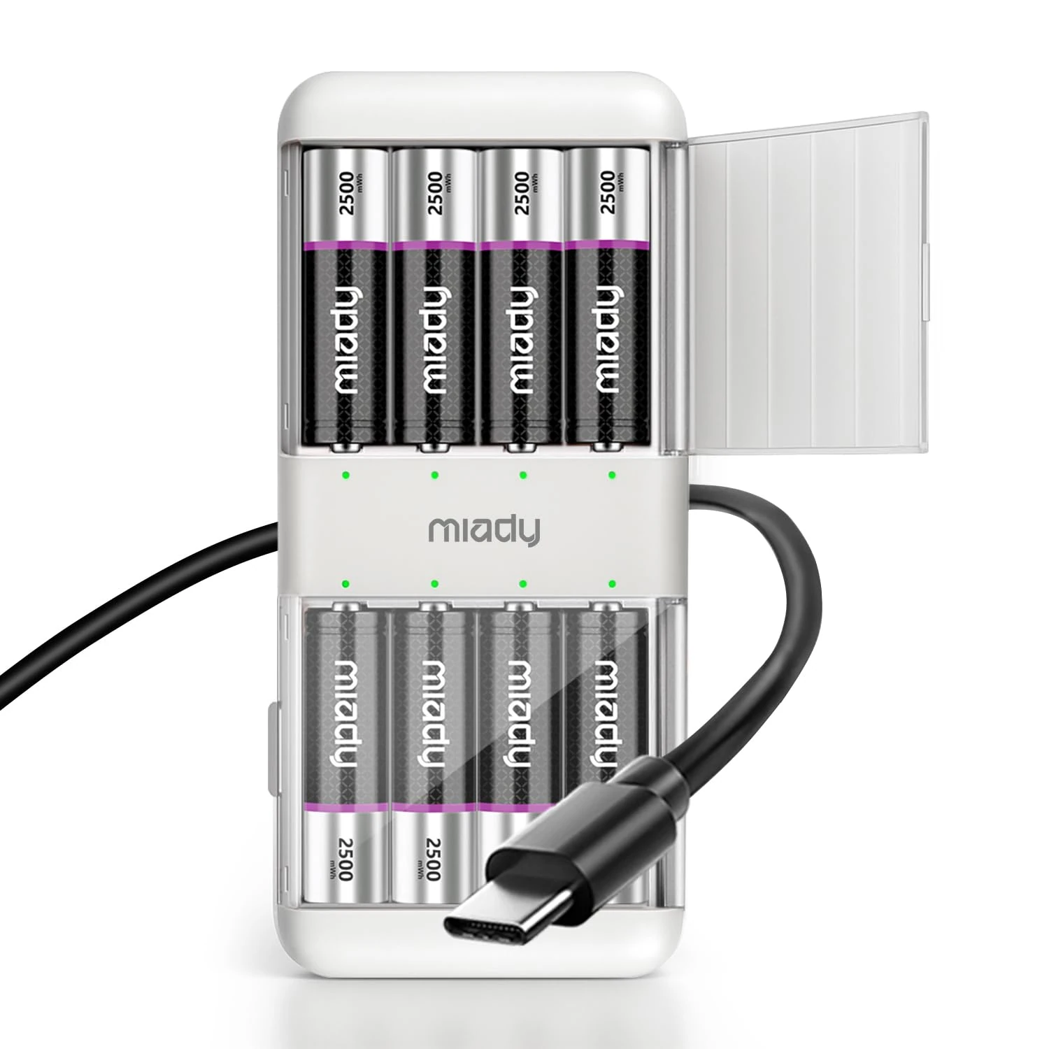 Miady 8 Pack Rechargeable Lithium AA Batteries with Charger, 1.5V 2500 mWh Double A Recharge up to 2000x Low Self-discharge with 2 in 1 Charge & Storage Box