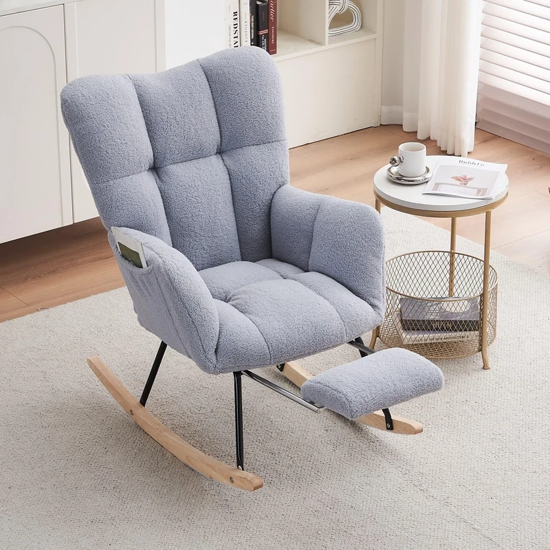 DEKKETO Nursing Rocking Chair with Footstool, Teddy Armchair and Footstool Sets for Adults Indoor, Wooden Glider Nursery Chair for Mum, Gray