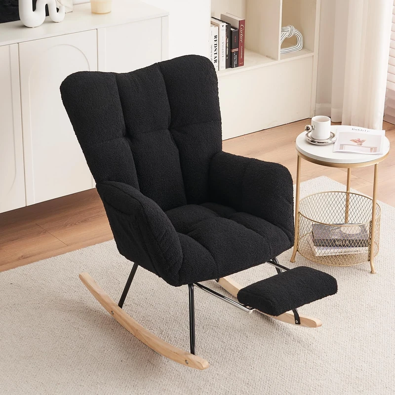 DEKKETO Nursing Rocking Chair with Footstool, Teddy Armchair and Footstool Sets for Adults Indoor, Wooden Glider Nursery Chair for Mum, Black