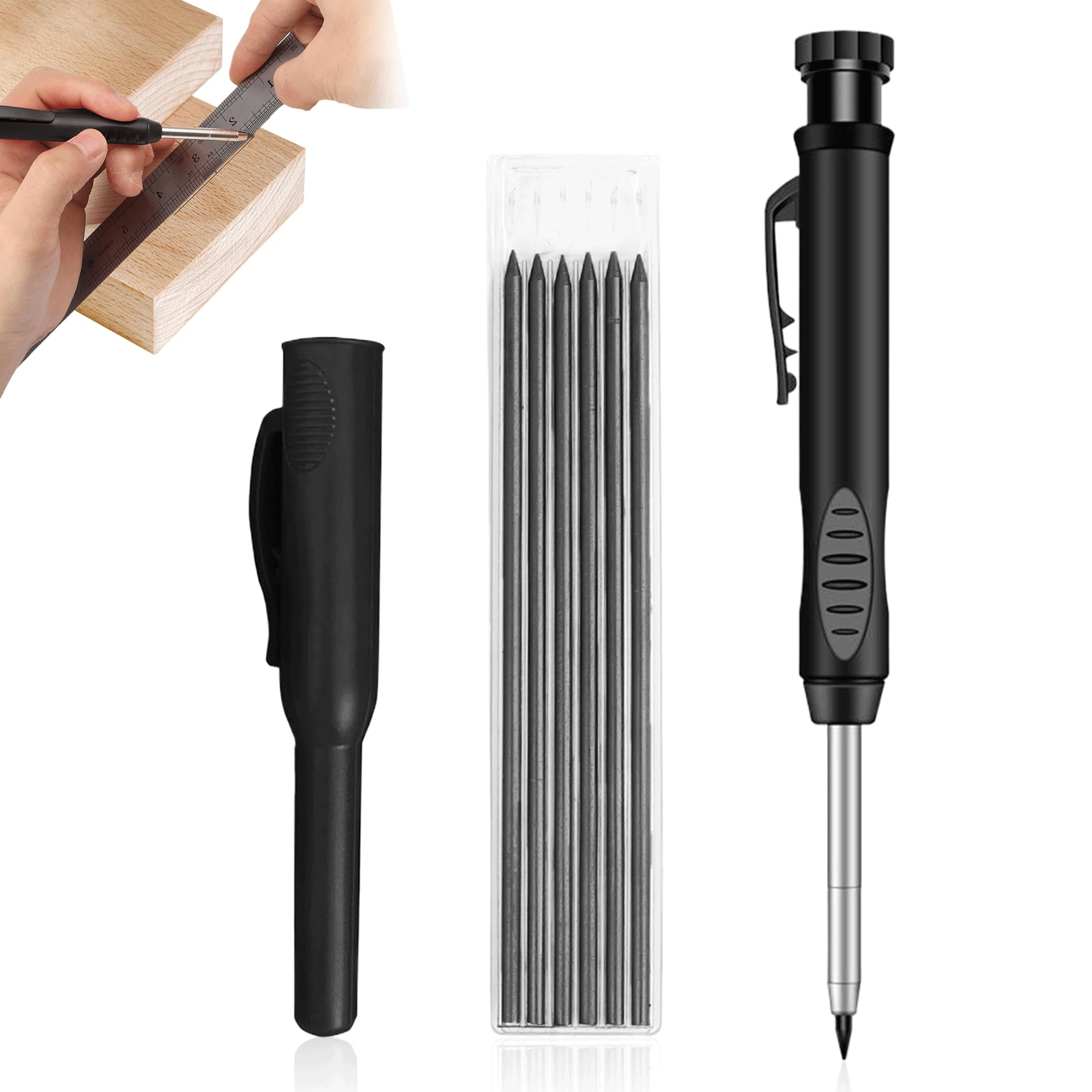 Bansusu Mechanical Carpenter Pencil with 6 Refills, Built-In Sharpener, Long Head Deep Hole Marker Pencil with Cap, for Builders, Construction, Architect, Woodworking