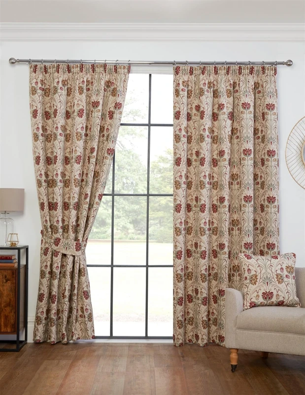 Sundour Aylesbury Pair Pencil Pleat Floral Design Jacquard Curtains with Natural Background 66" x 90" (168cm x 229cm)