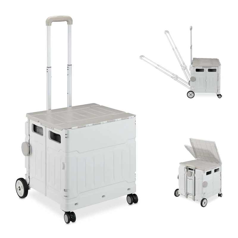 Relaxdays Trolley, Foldable, Up to 50 kg, Adjustable Telescopic Handle, Shopping Transport Cart, Grey/White, Rubber, 1 x 75 x 25 cm