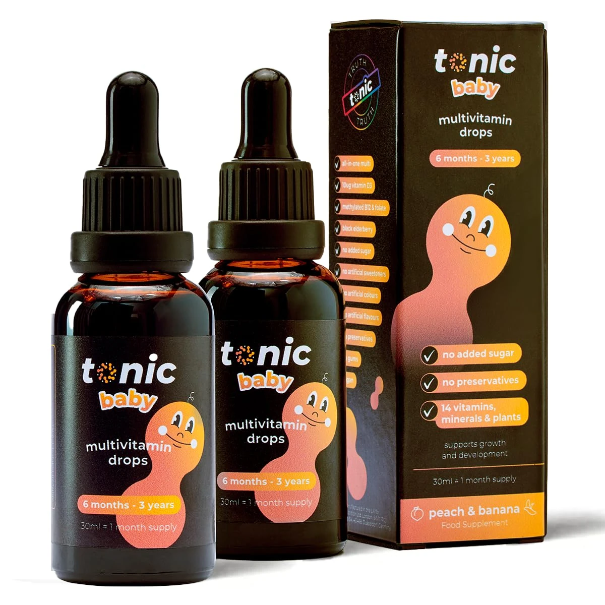 Tonic Health Baby Multivitamin Drops - 14 Baby Vitamins A, C, D, Minerals, and Plants - No Sugar/Preservatives - Kids Vitamins 6 to 36 mos for Growth and Development, Peach and Banana 30ml (Pack of 2)