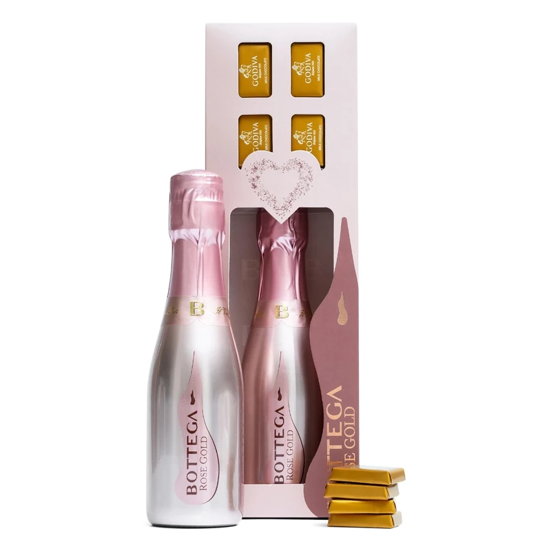 Bottega Rose Brut Sparkling Wine Gift Set - 1x Bottega Rose Gold DOC 200ml, 4x Godiva Belgium Mini Milk Chocolates - Luxury Sparkling Wine Prosecco Gifts for Women, Mum Gifts, Birthday, Valentines