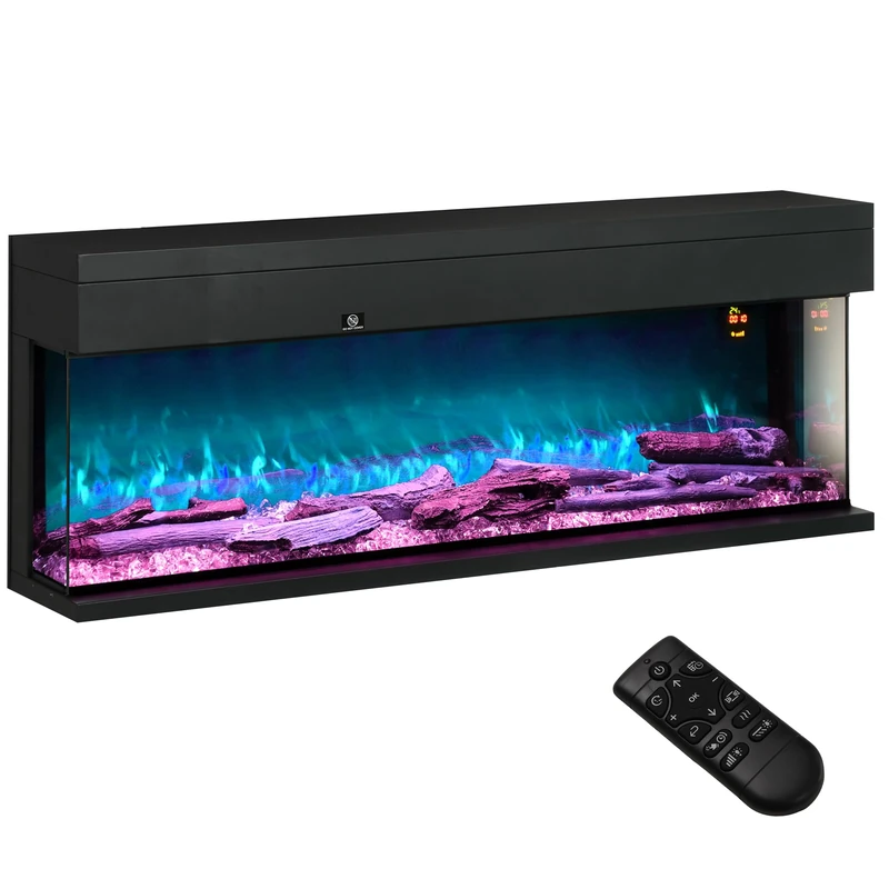 HOMCOM 50''/127cm 3-Sided Electric Fireplace Wall Mounted Recessed Black
