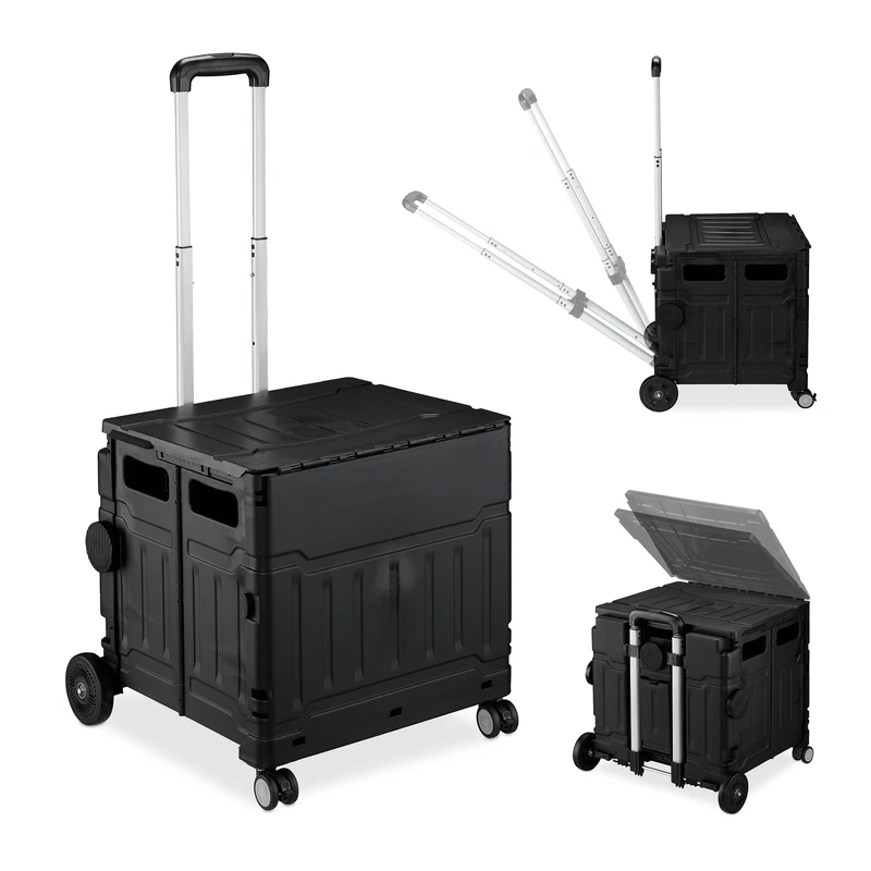 Relaxdays Trolley, Foldable, Up to 50 kg, Adjustable Telescopic Handle, Shopping Transport Cart, Black, 17.5 x 38.5 x 32 cm