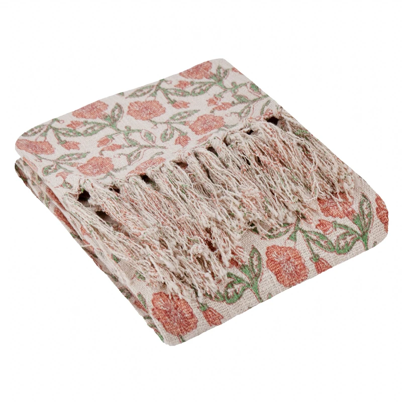 Paoletti Delphine Floral Cotton Throw, Coral, 130 x 170cm
