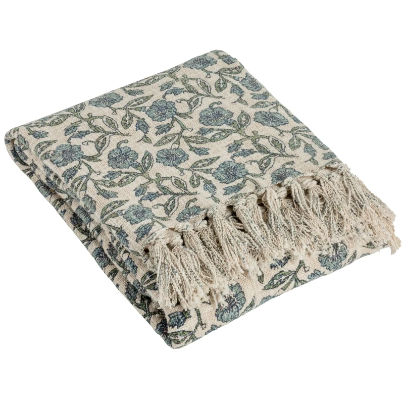 Paoletti Delphine Floral Cotton Throw, 130 x 170cm, Delph Blue - Image 1
