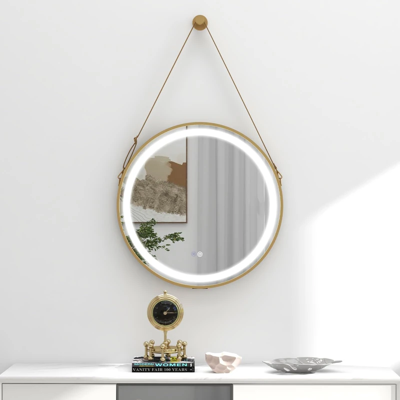 RELAX4LIFE 600mm LED Illuminate Bathroom Mirror, Hanging/Wall Mounted Makeup Round Mirror with 3-Color Dimmable, Memory & Anti-Fog Function and Strap, Decorative Circle Vanity Mirror (Gold)