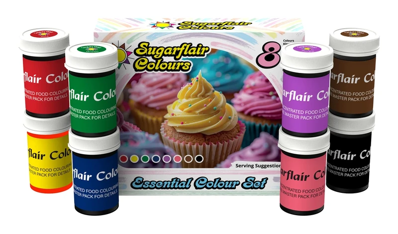 Sugarflair Essentials Food Colouring Paste Set, Highly Concentrated Food Colouring for Buttercream, Sugar Paste, Royal Icing, Cake Mixes and More! Vibrant Colour Food Dye - 8x 25g