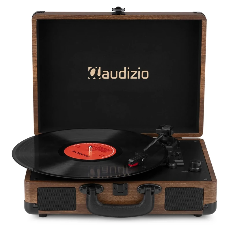 Audizio RP116W Briefcase Vinyl Player, Portable Record Player with Bluetooth Output, Built-in Speakers, 3-Speed Turntable, Connects to External Bluetooth Speaker, Wood Finish