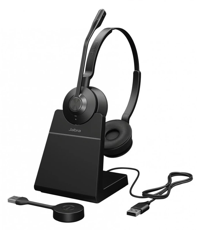 Jabra Engage 55 Stereo-Headset MS, Link 400a DECT-Adapter USB-A, Engage 55 Tischständer, 1,2 m USB-C-auf-USB-A-Kabel, Tragetasche, Garantie und Warnung (Sicherheitsbroschüren)