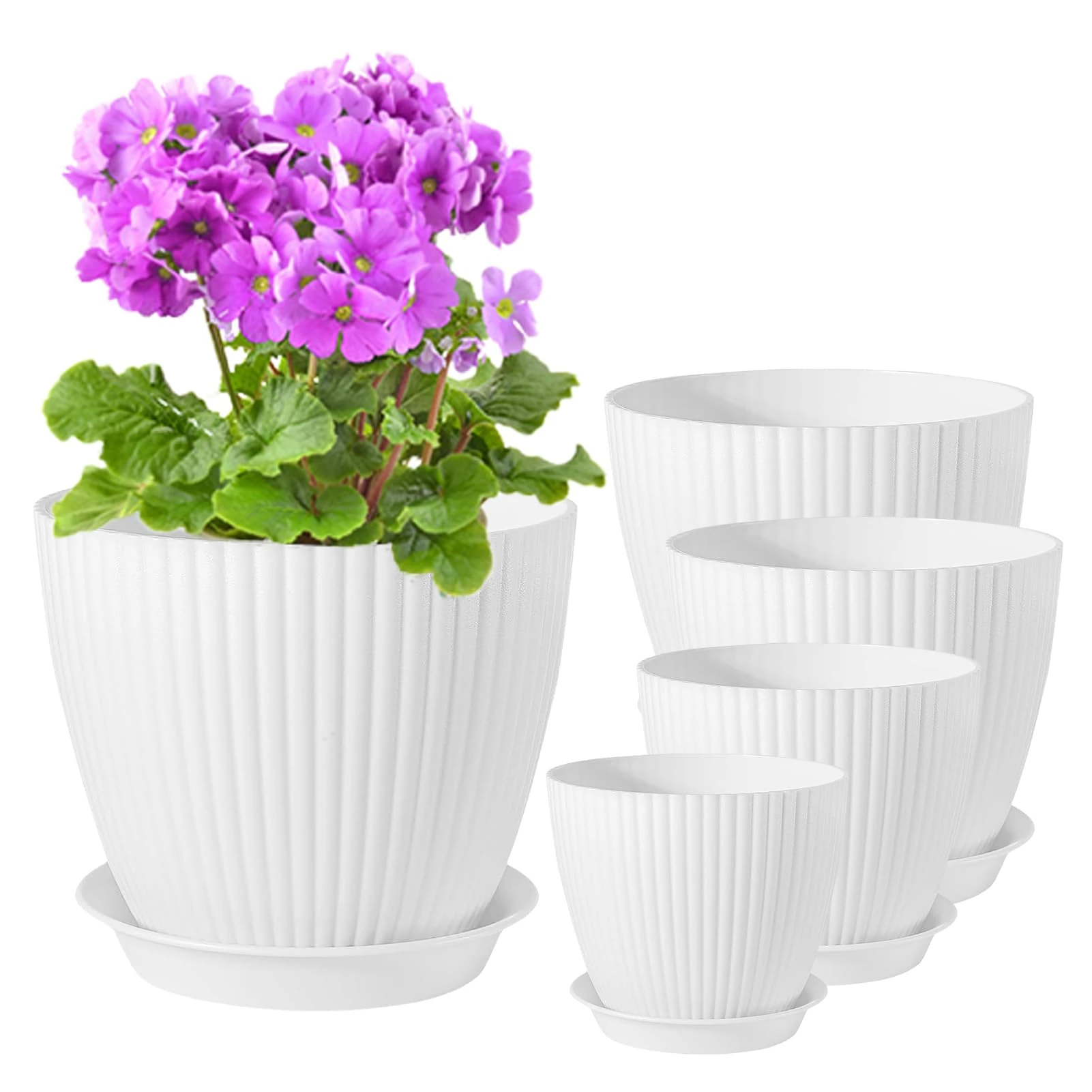 PROFIKLA 18/15/14/13/11.5cm Plastic Plant Pots, Pack of 5 Flower Pots, Plant Pots with Drainage Holes and Saucers, Modern Decorative Planters, White