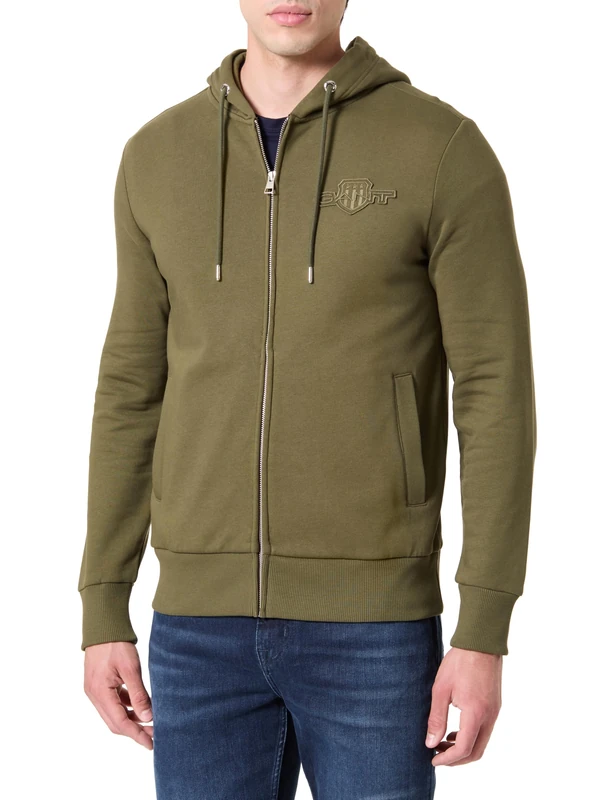 GANT REG Tonal Shield Full Zip Hoodie, Green (moss green), S