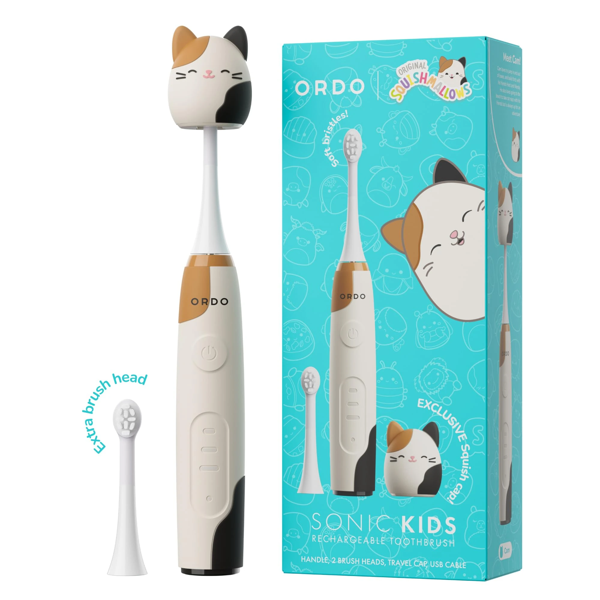 Ordo Squishmallows Electric Toothbrush, Sonic Toothbrushes for Kids, Rechargeable, 3 Brushing Modes, Over 5 Weeks Battery Life Extra Brush Head Included, Gift for Kids Aged 4 Years and Up, Cam
