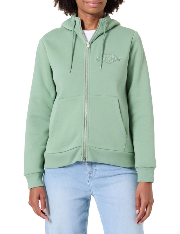 GANT Women's Reg Tonal Shield Zip Hoodie Hooded Sweatshirt, Kalamata Green, XS