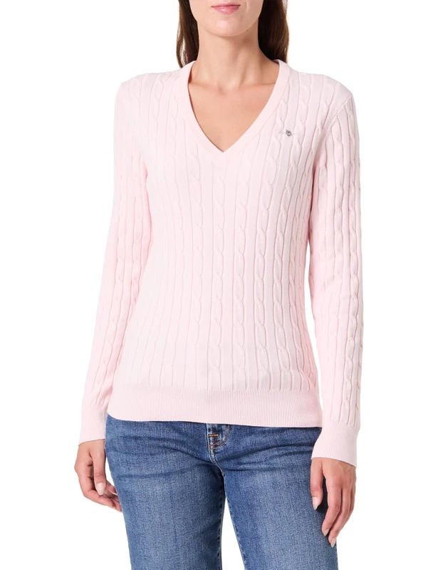 GANT Women's Stretch Cotton Cable V-Neck Pullover, Salmon, XL