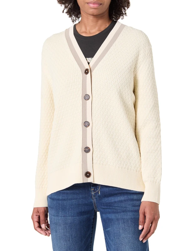 GANT Cotton Contrast Textured Cardigan, Cream, L