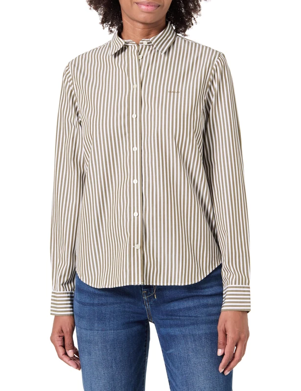 GANT Women's Reg Classic Poplin Striped Shirt Blouse, Green (Moss Green), 10