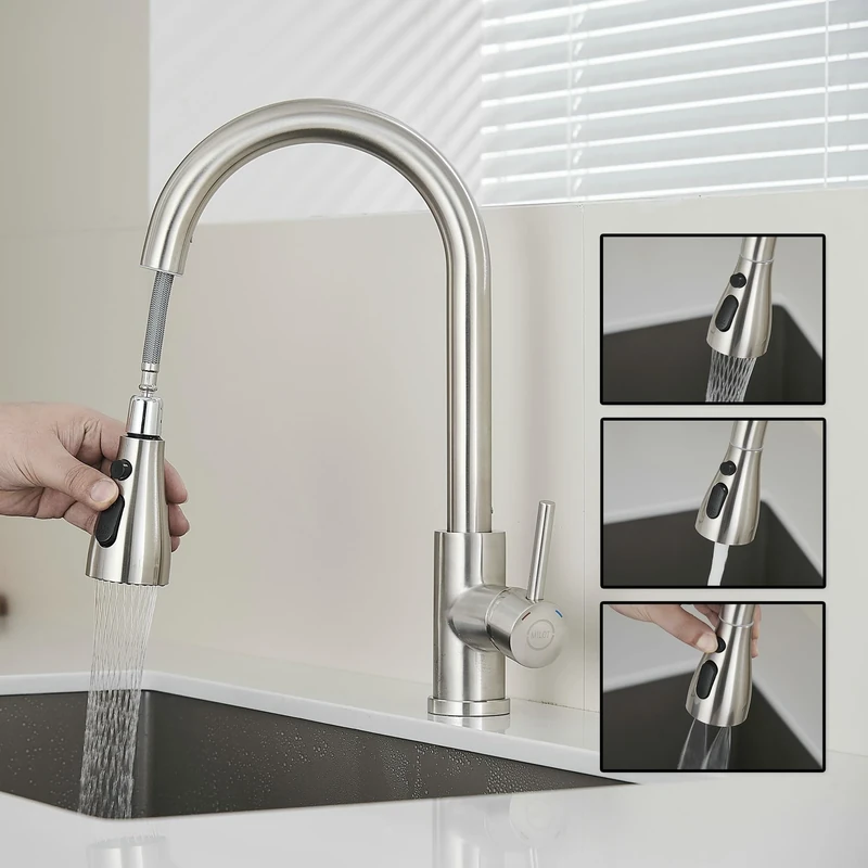 MILOT Kitchen Tap, 4 Spray Modes with Pause Mode, 360° Swivel Spout Kitchen Sink Taps, Kitchen Mixer Taps 1 Hole (Brushed Nickel)