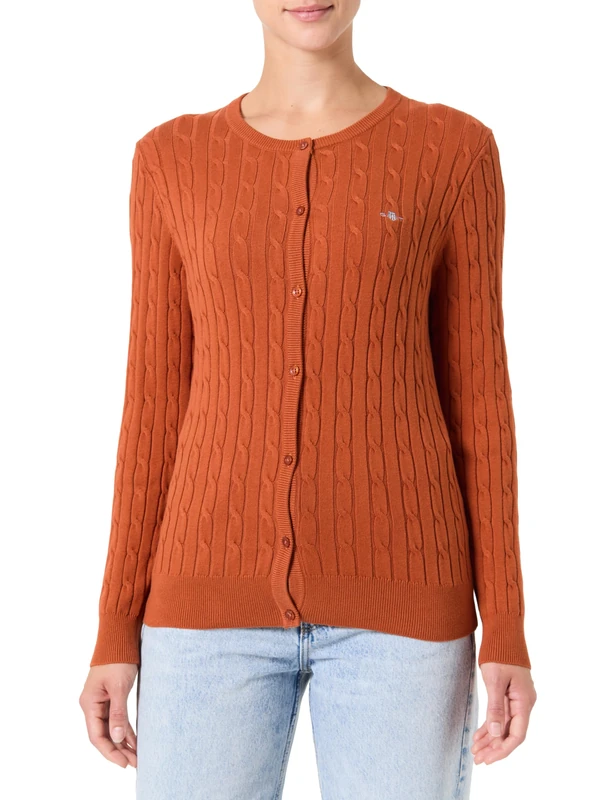 GANT Women's Stretch Cotton Cable Cardigan, Rusty Brown, XXL