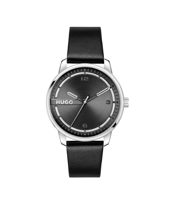 HUGO Three Hand Quartz Movement Watch for Men #Stamp Collection with Black Leather Strap - 1530362