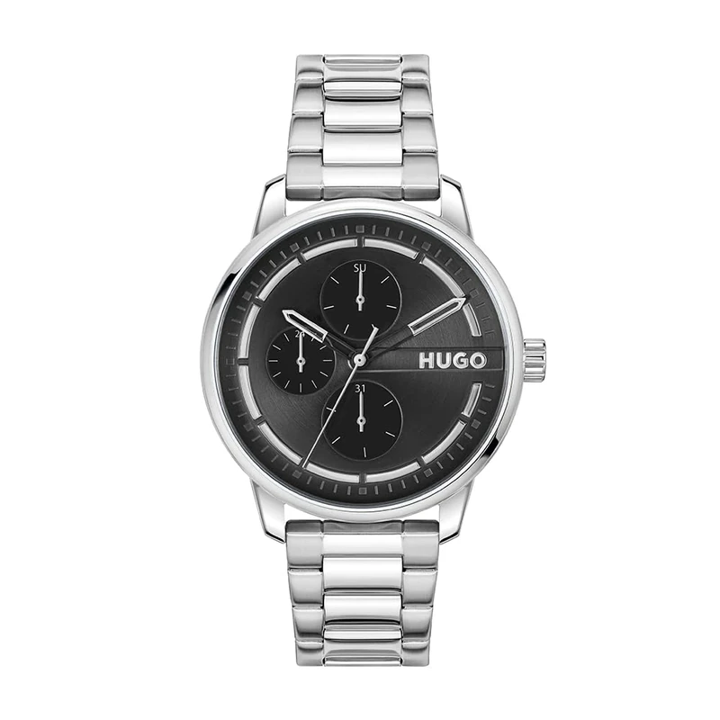HUGO Analogue Multifunction Quartz Watch for Men #STAMP MULTI Collection with Leather Strap or Stainless Steel Bracelet,silver