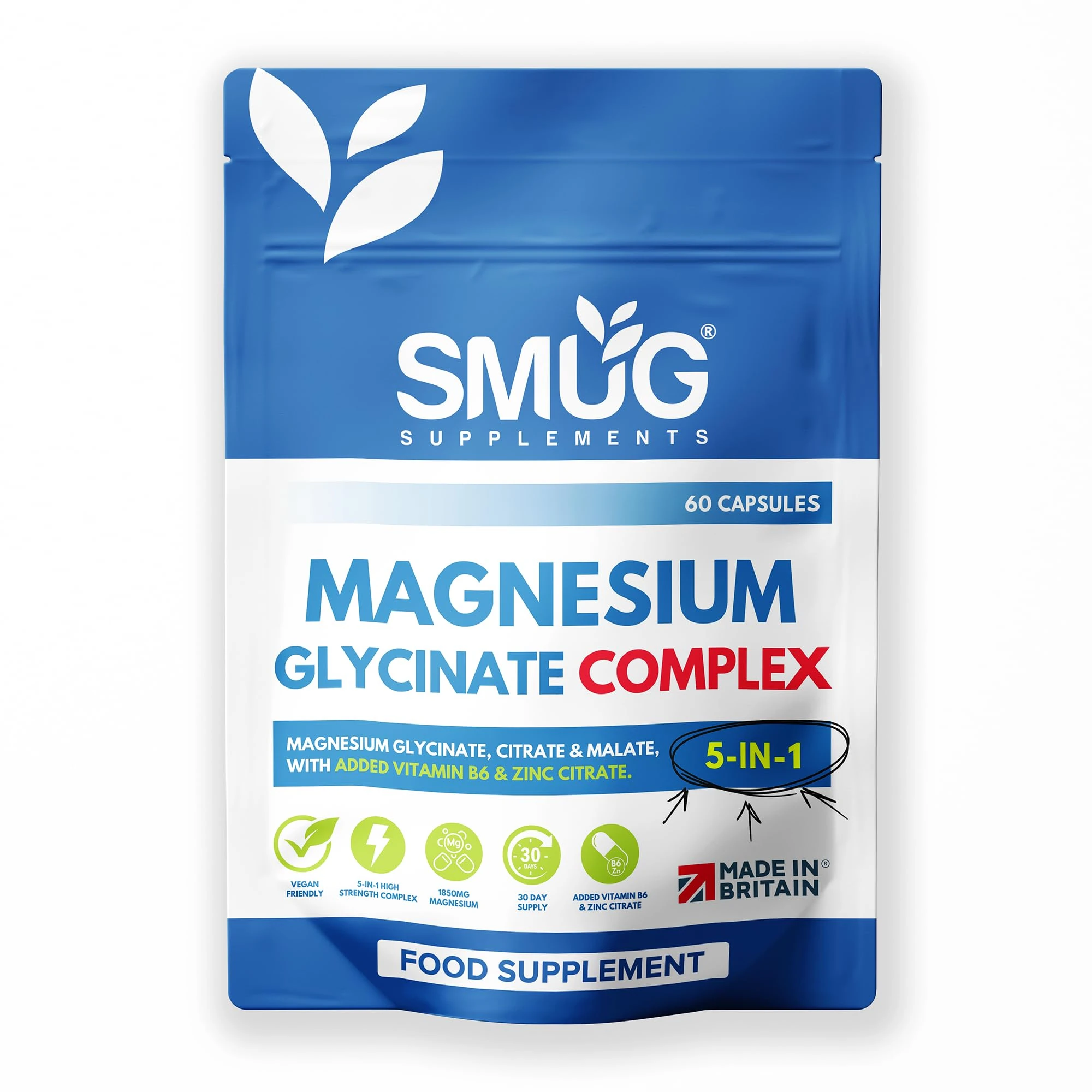 Magnesium Glycinate Complex British Made 5-in-1 by SMUG Supplements - 60 Capsules - Advanced Blend Combining Magnesium Glycinate, Citrate and Malate. with Added Vitamin B6 and Zinc.