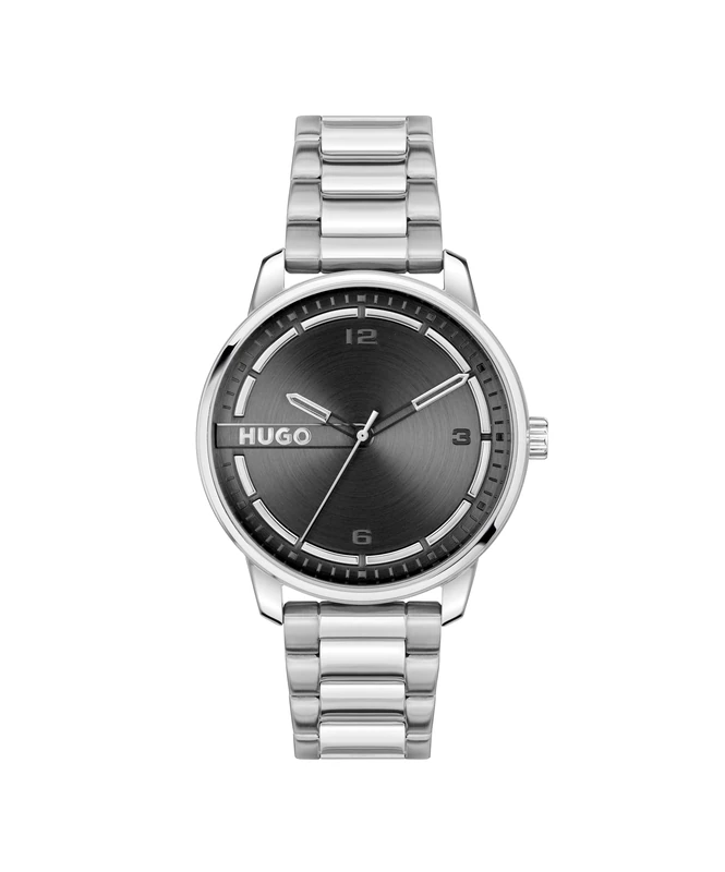 HUGO Three Hand Quartz Movement Watch for Men #Stamp Collection with Silver Stainless Steel Bracelet - 1530364