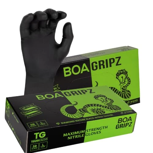 TG TOUGH GLOVE BOA Gripz (M) Nitrile Gloves (Pack Of 50) | Strong Black Disposable Gloves | Diamond Textured | Powder & Latex Free Strong Midweight Mechanic Industrial Glove