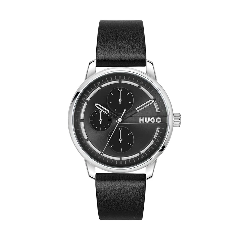 HUGO Analogue Multifunction Quartz Watch for Men #STAMP MULTI Collection with Leather Strap or Stainless Steel Bracelet,black