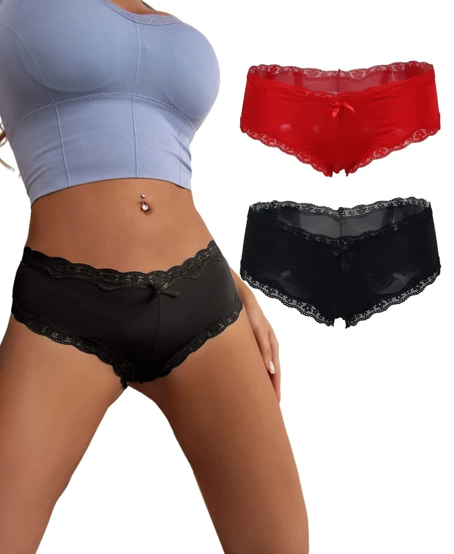 ohyeahlady Women's French Knickers Lace Satin Panties Pack of 2 Stretchy Brazilian Knickers Full Briefs Women Multipack Ladies Pants Size 16 18