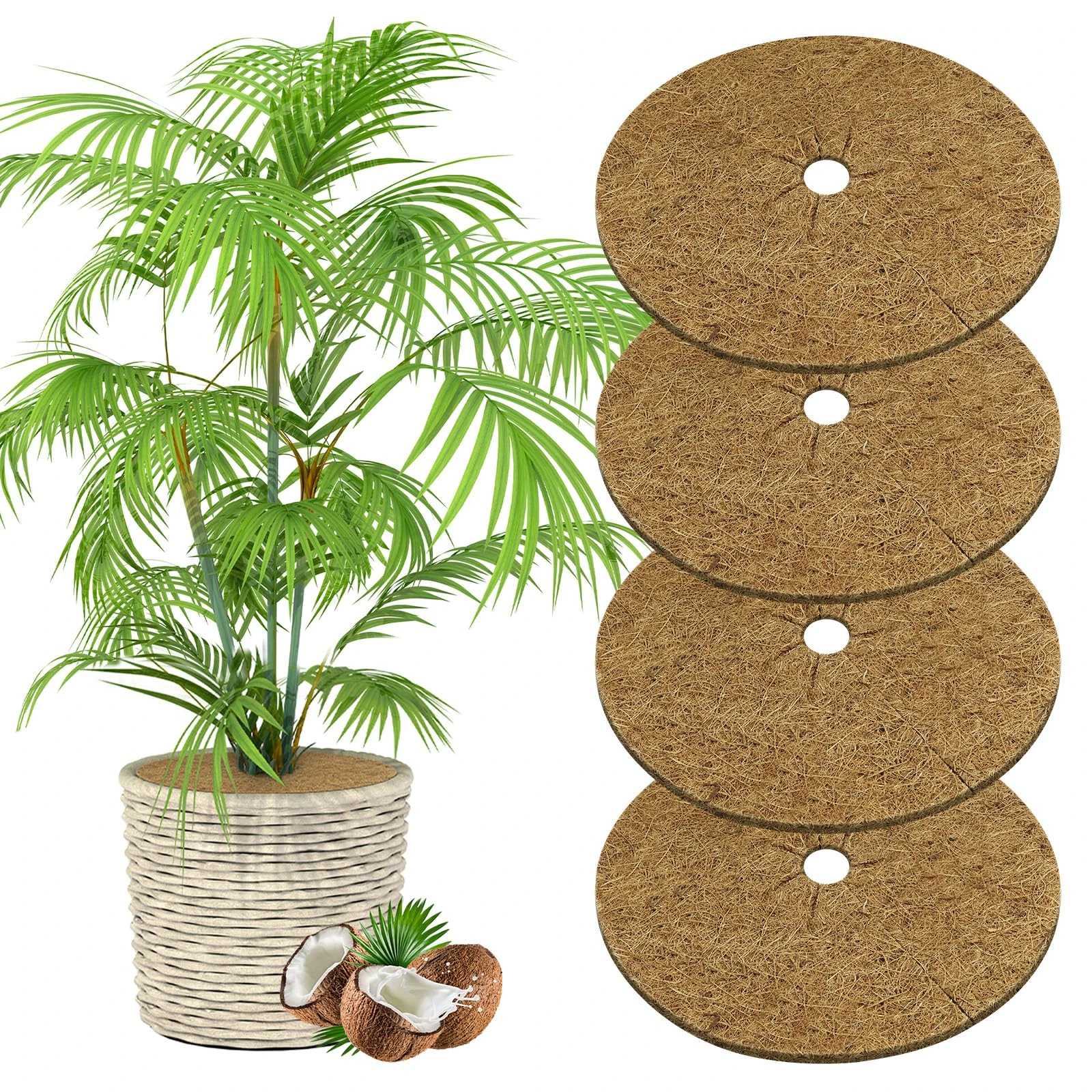 OFFCUP Coconut Fibers Mulch Ring Tree Protector Mat, 4pcs 40cm Mulch Mats, Coco Coir Mulch Disc Plant Cover for Flower Pots, Landscaping, Indoor Outdoor Plants