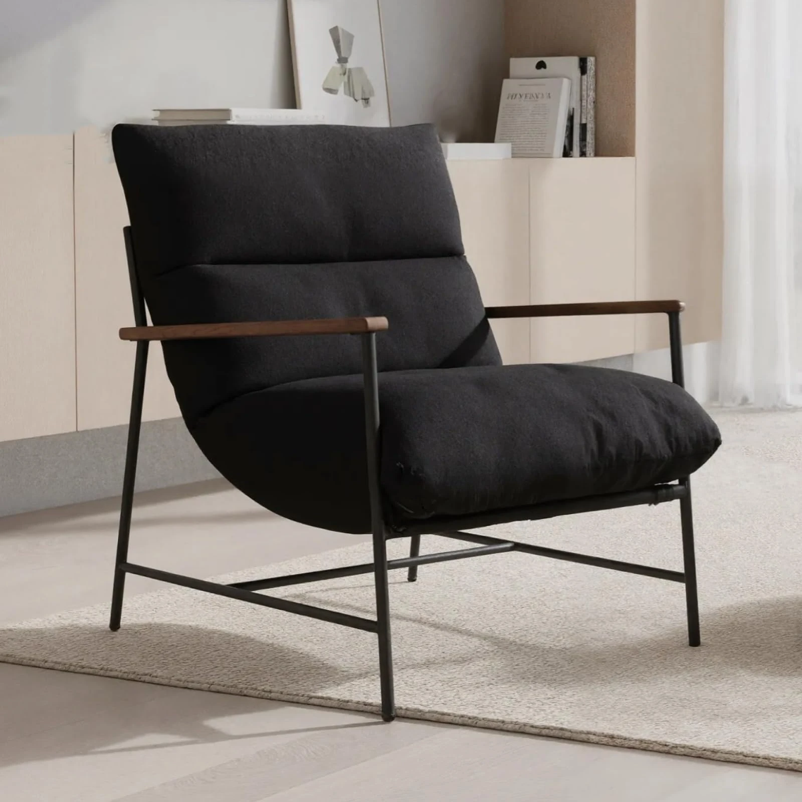 chairus Arm Chair for Living Room Faux Fur Accent Chairs Upholstered Occasional Chairs Modern Leisure Chairs (Black)