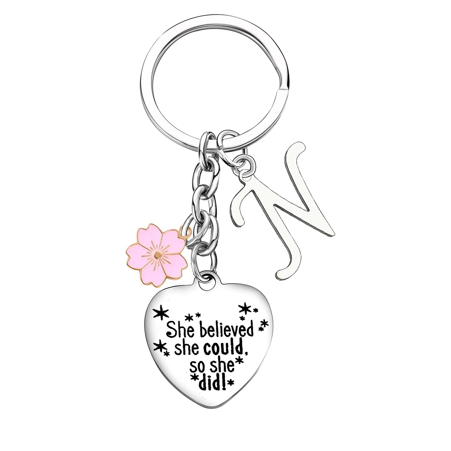 Nimteve Inspirational Gift Initial Keychain For Women Friends Keyrings With Pink Flower 26 Letter Alphabet Keychain For Her Graduation Christmas Birthday Gifts for Daughter Sister (N)