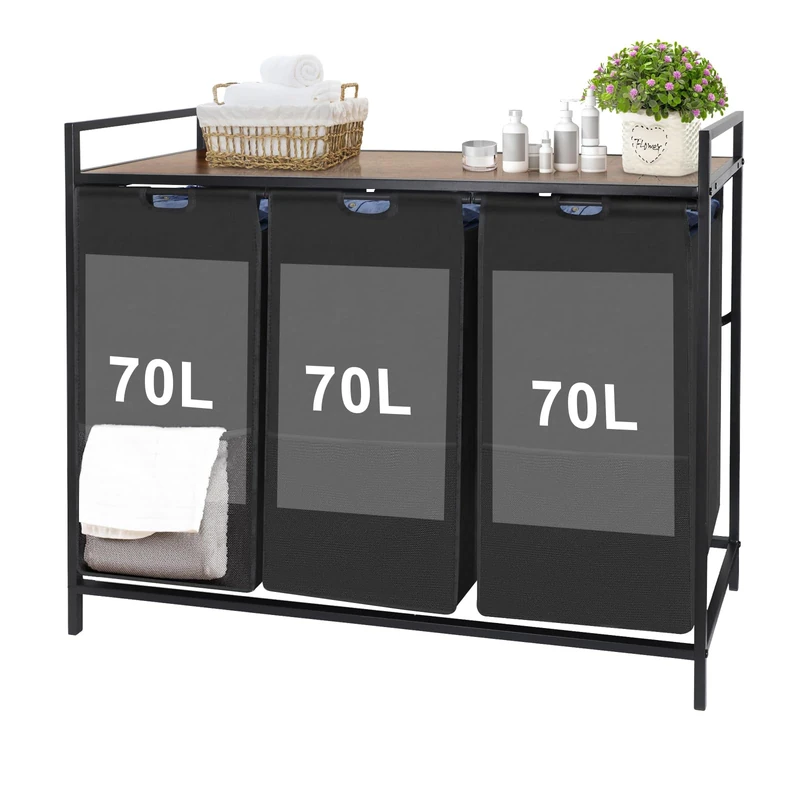 Extra Large Laundry Hamper, Laundry Hamper 3 Section with shelf - 210 Capacity, Laundry Basket for Clothes-1 Storage Shelf, Laundry Sorter for Laundry Room, Bedroom