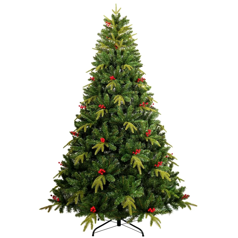 Uten Artificial 6ft Christmas Tree, with Realistic PE Leaves Indoor Home Xmas Tree Decoration, 950 Natural Looking PE & PVC Tips, 31 Groups Red Berries, Hinged Branches, Metal Stand, Reusable