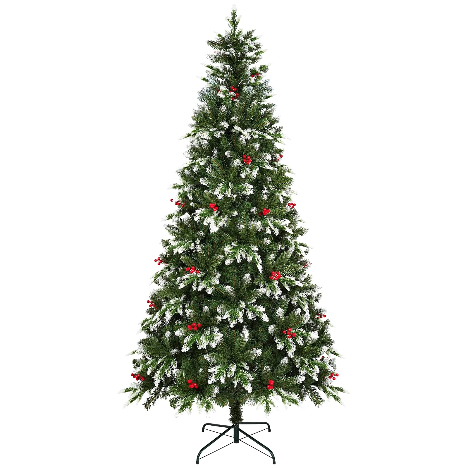 Uten Artificial 7.5ft Christmas Tree, PE Deluxe Snowy Artificial Indoor Home Xmas Tree Decoration, 1150 Natural Looking PVC and PE Tips, 37 Groups Red Berries, Hinged Branches, Metal Stand, Reusable