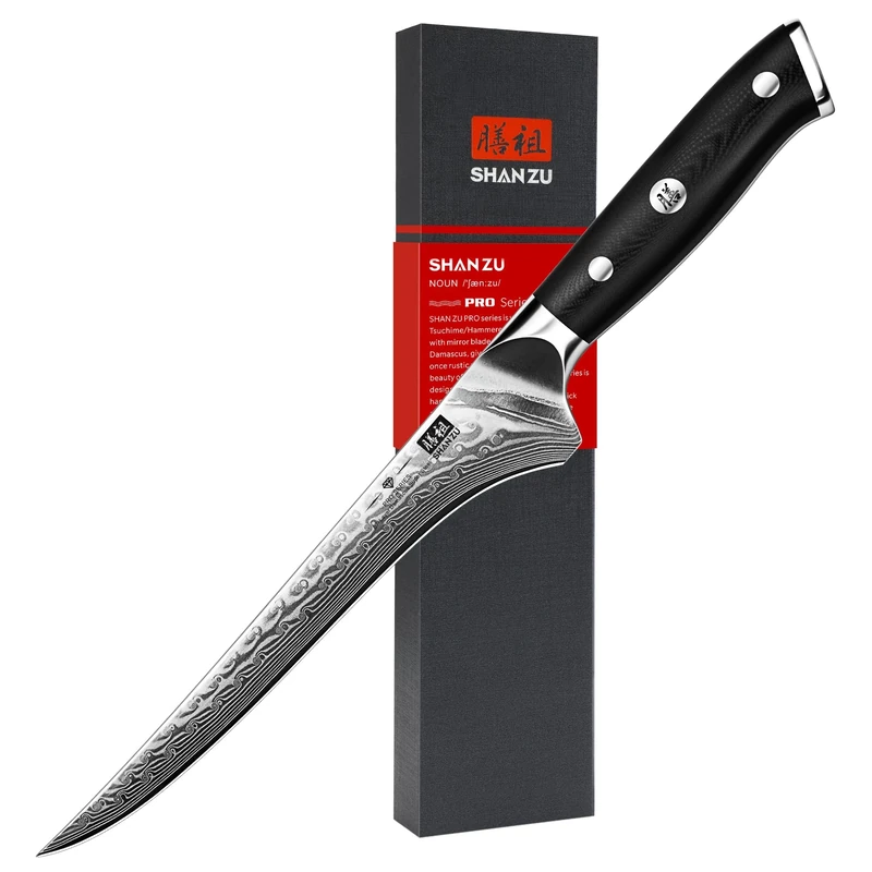 SHAN ZU 7 Inch Damascus Filleting Knife, Japanese Steel Damascus Boning Knife, Professional Fish Kitchen Knife, Japanese High Carbon Super Steel Core with Ergonomic G10 Glass Fiber Handle