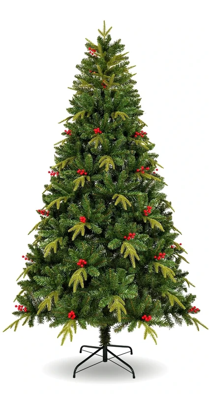 Uten Artificial 5ft Christmas Tree, with Realistic PE Leaves Indoor Home Xmas Tree Decoration, 500 Natural Looking PE & PVC Tips, 23 Groups Red Berries, Hinged Branches, Metal Stand, Reusable