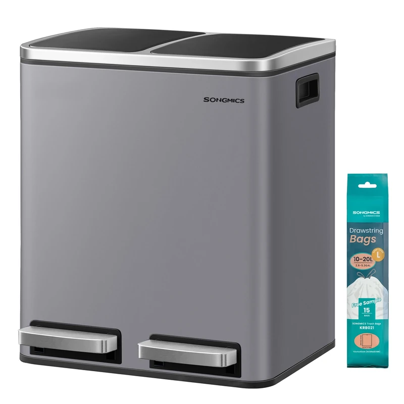 SONGMICS Dual Rubbish Bin, Metal Recycling Bin with 15 Rubbish Bags, 2-Compartment, with Lids, Pedals, Plastic Inner Buckets, Soft Closure, 2 x 4 Gallons (2 x 15 L), Slate Grey LTB030GJ01