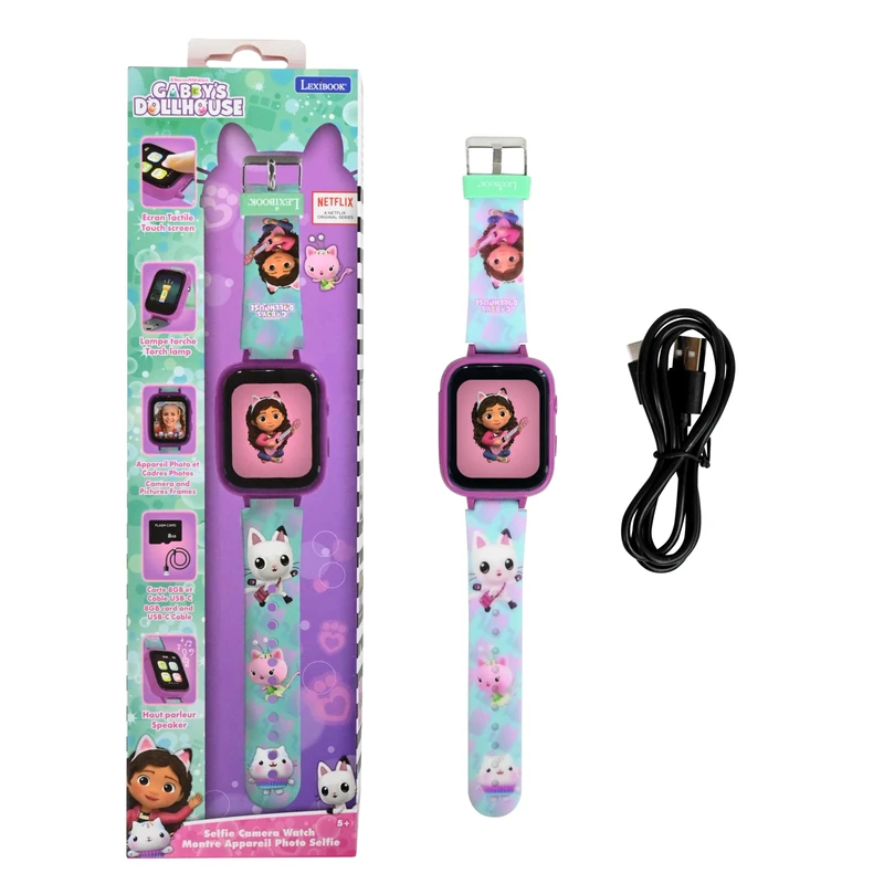 LEXIBOOK, Gabby's Dollhouse, Selfie Camera Watch, HD Touch Screen, 720p Camera, MP3 Player, Built-in Speaker, Dictaphone, Pedometer, 5 Games, Pink/Blue, DMW070GDH