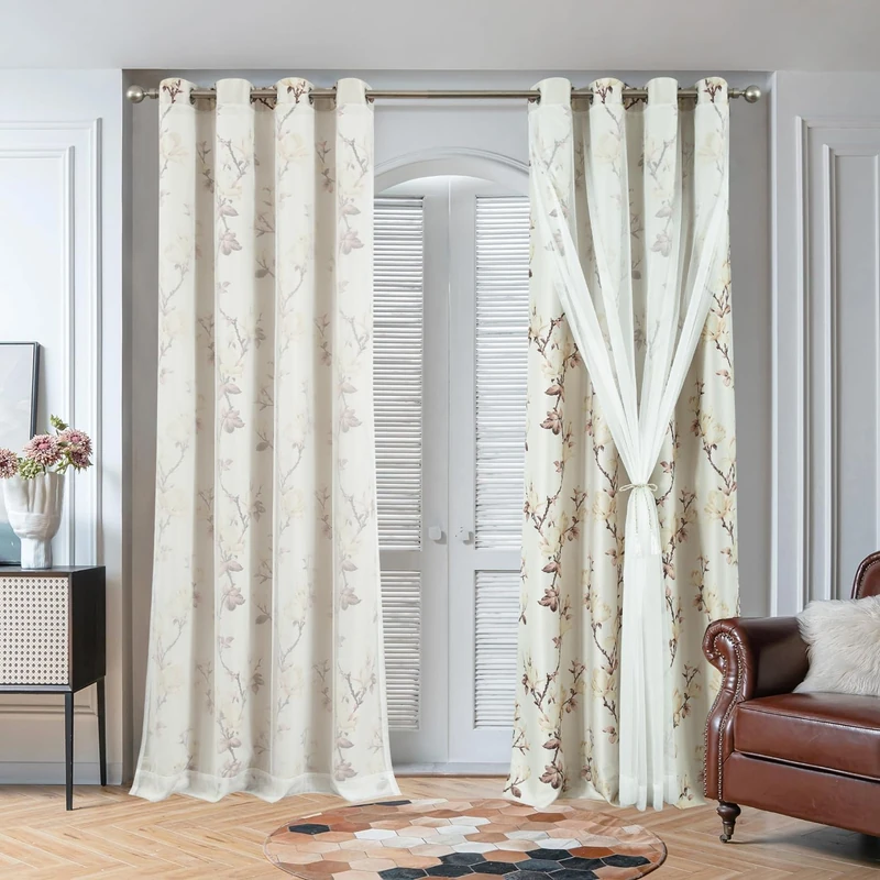 VOGOL Floral Double Layer Room Darkening Curtains, 52 x 63, 2 Panels, Beige